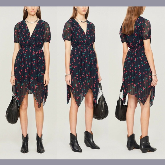 NWT $388 The Kooples [ 4‎ (XL) ] V-Neck Cherry Print Asymmetric Dress #G903 - Picture 3 of 14